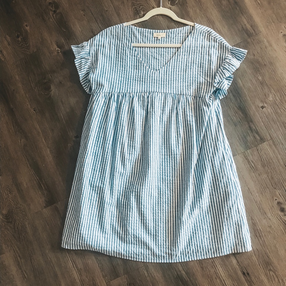 Blue and white stripe seer sucker dress